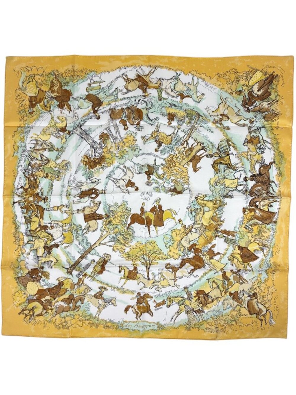 Hermes Carre 90 les Amazones Scarf on Horseback Silk Yellow Multicolor